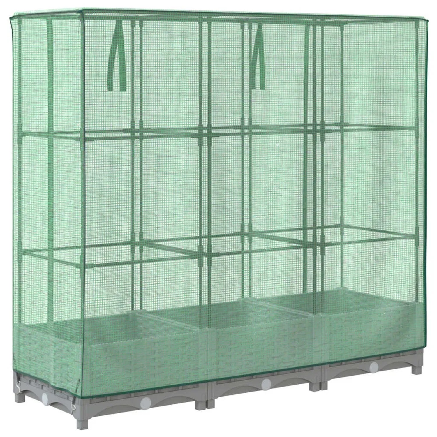Hellgraues vidaXL Hochbeet mit Gewächshaus-Aufsatz und Rattan-Optik. Ideal für Garten, Balkon oder Terrasse.