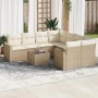 Beige 9-teilige Garten-Sofagarnitur aus Poly Rattan mit Kissen. Modulare Gartenmöbel für Terrasse und Garten.