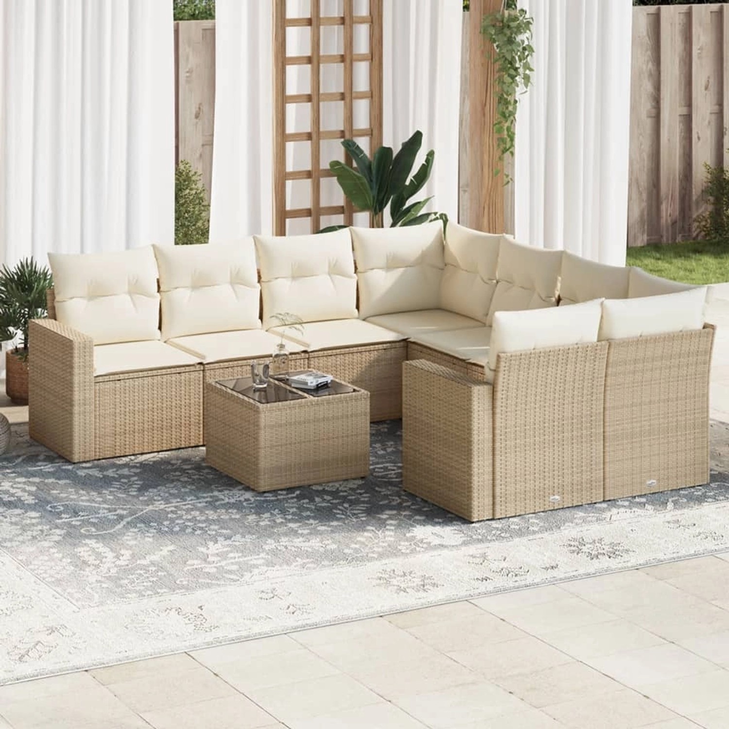 Beige 9-teilige Garten-Sofagarnitur aus Poly Rattan mit Kissen. Modulare Gartenmöbel für Terrasse und Garten.