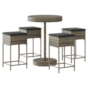 Graues 5-tlg. vidaXL Gartenbar-Set aus Polyrattan mit Tisch, 4 Hockern und Kissen.