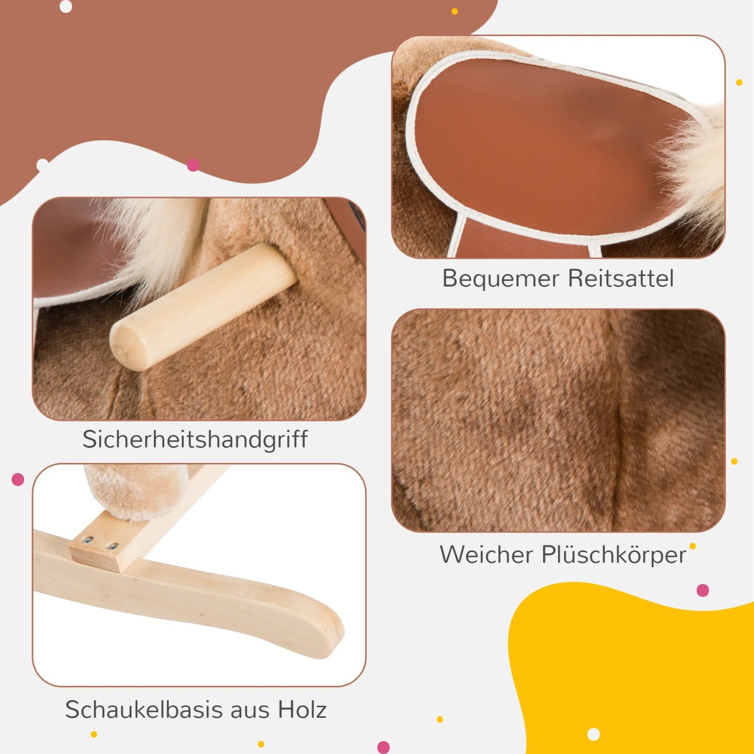Detailansicht: HOMCOM Schaukelpferd mit Plüsch, Holzgriffen und Sattel. Schaukeltier für Kinder.