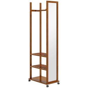 HOMCOM Standspiegel mit Rollen, Walnuss, mit 3 Ebenen und Kleiderstange für Garderobe.