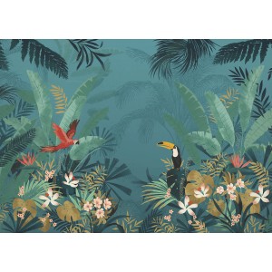 Komar Vliesfototapete 'Enchanted Jungle' mit Dschungelmotiv, Papagei und Tukan.