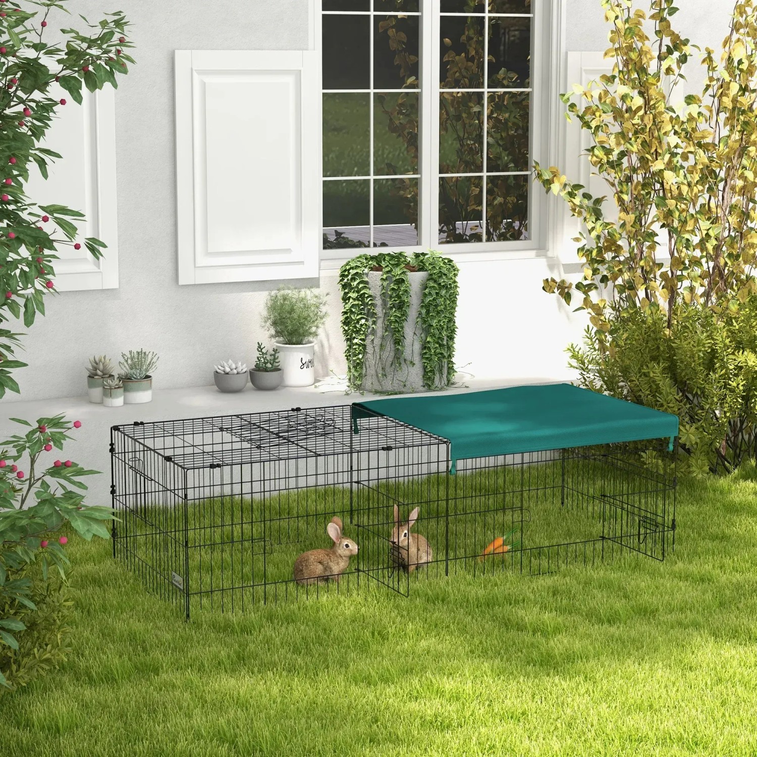 PawHut Kleintierkäfig aus Stahl mit Oxford-Gewebe und Sonnendach, geeignet für Kaninchen und andere Kleintiere.