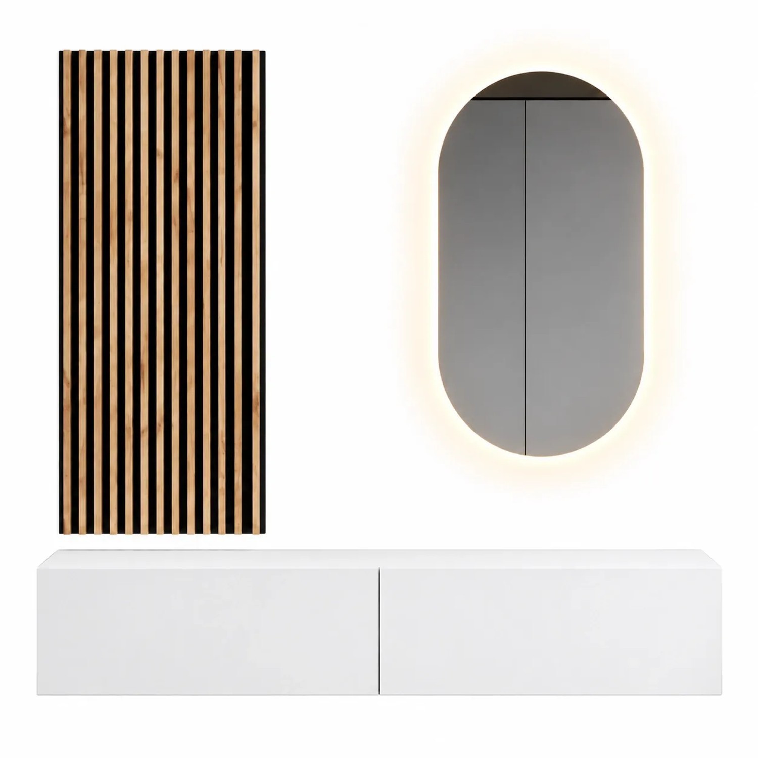 Planetmöbel Flurgarderobe Set 160 cm Weiß mit Wandpaneel und LED Spiegel Dimmbar