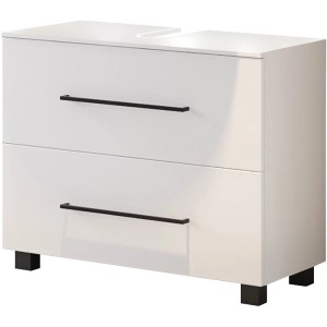 Held Möbel Waschbeckenunterschrank Rom, 70 cm, matt Weiß mit zwei Schubladen und schwarzen Griffen.
