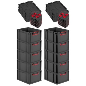 PROREGAL Sparset: 10 schwarze Euroboxen mit roten Griffen und Deckel, 20 Liter, stapelbar.