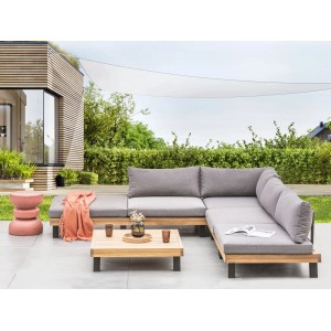 Beliani Lounge Set FRAZZANO, grau mit hellem Holzfarbton, Gartenmöbel mit Sofa, Ottomane und Tisch.