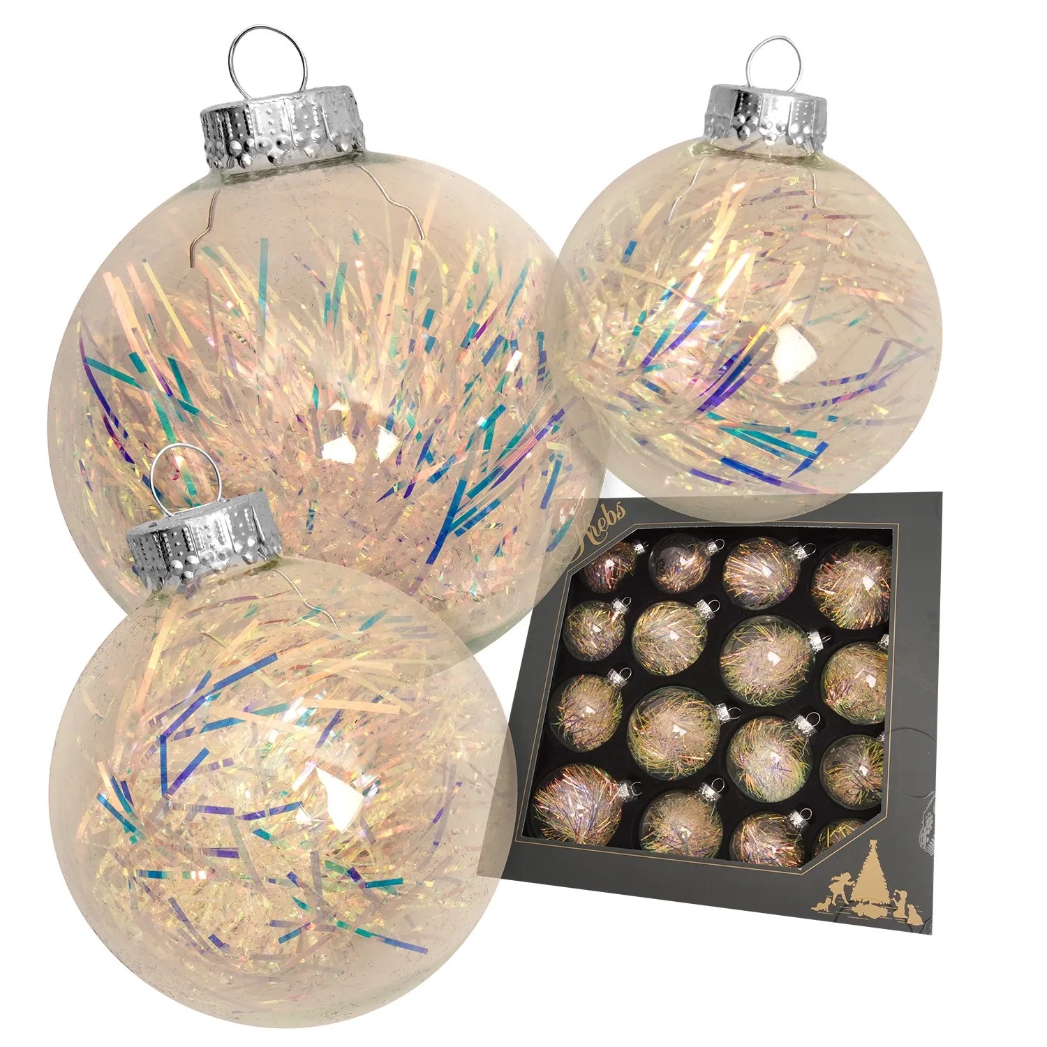 Krebs Glas Lauscha Weihnachtskugeln Kugelsortiment Lametta Goldfarbig 8cm