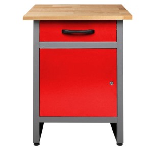 Ondis24 Werkbank Wolle 60 cm rot mit Schublade und Tür, Buche Arbeitsplatte.