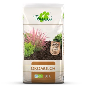 Sack Tommi Ökomulch 50 l, Mulchmaterial aus nachwachsenden Rohstoffen für den Garten.