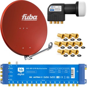 Rote Fuba 80cm SAT-Schüssel, hb-digital Multischalter, Quattro LNB und F-Stecker für 4K UHD Sat-Anlage.