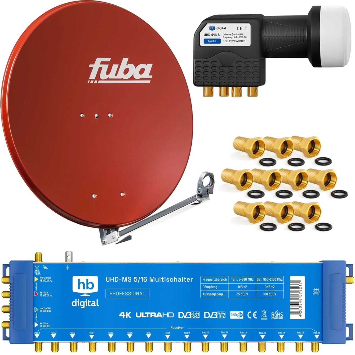 hb-digital SAT Anlage Fuba DAL 800 80cm mit Multischalter MS 5/16 und Quattro LNB Ziegelrot
