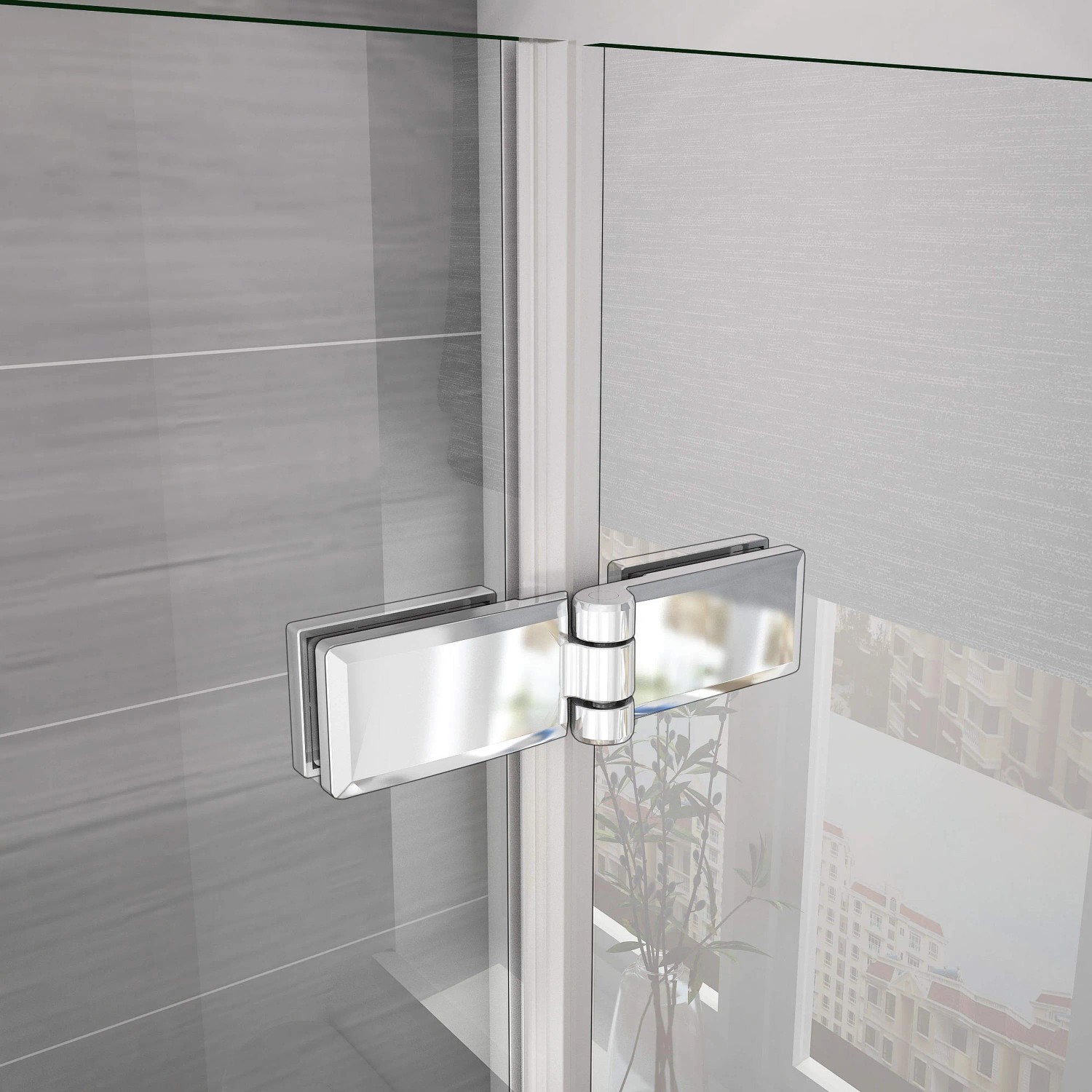 Detailaufnahme: AICA Falttür Dusche mit Chrom-Beschlägen und NANO ESG-Glas. Duschkabine Eckeinstieg.