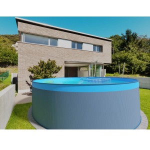 Runder, anthrazitfarbener Stahlwandpool (450x90cm) mit blauer Folie im Garten.