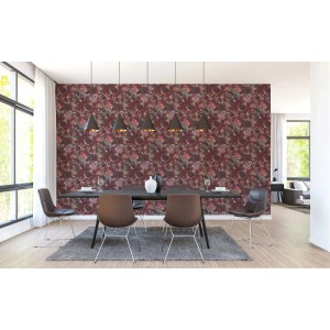 Tadessi Vliestapete Floral M1-No.791 in Rot mit Blumenmuster. Dekorative Tapete für stilvolle Wandgestaltung im Esszimmer.