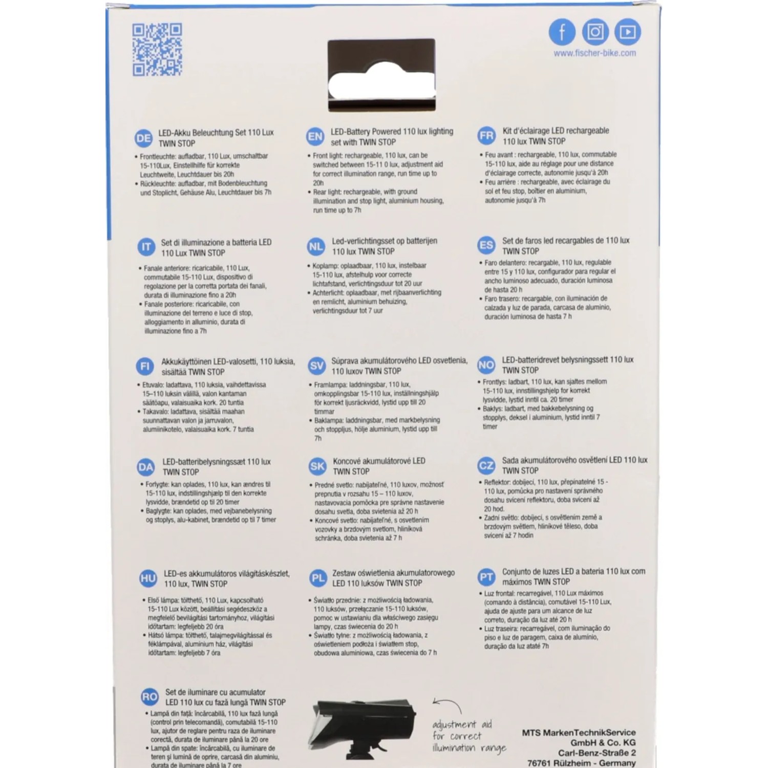 Fischer Fahrradbeleuchtung Set 110 Plus Twin Stop LED, bestehend aus Scheinwerfer und Rücklicht.