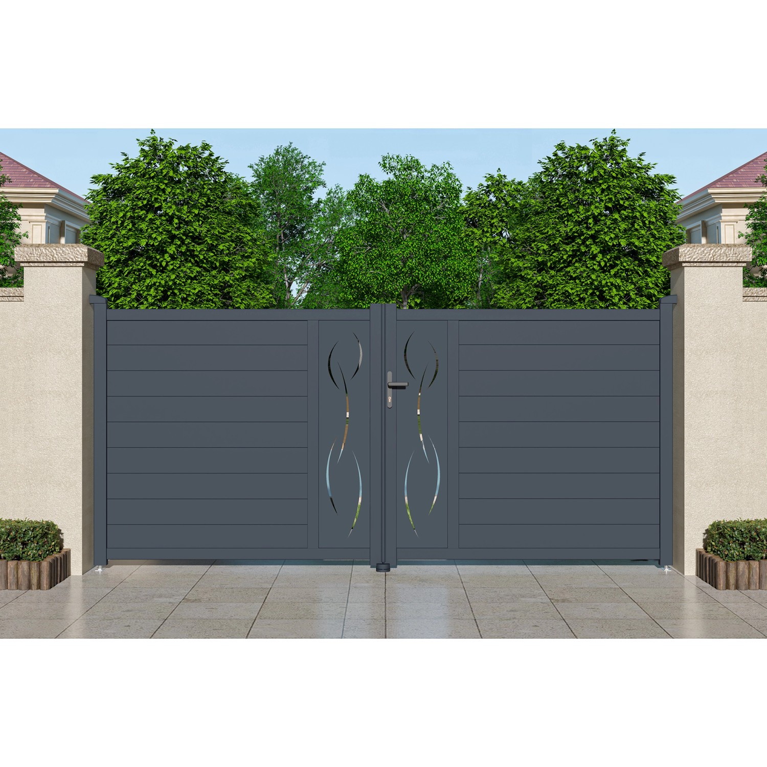 Elektrisches Flügeltor Casanoov, 3,5 m breit, grau, mit floralem Design.