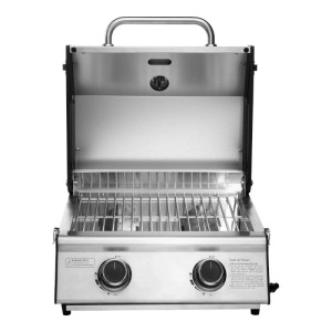 Taino Platinum Compact Edelstahl Gasgrill mit 2 Brennern, offenem Deckel und Grillrost. Ideal für Camping & Balkon.