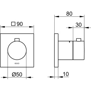 Technische Zeichnung Keuco IXMO Thermostatbatterie 59553, eckig, Chrom, Maße in mm.