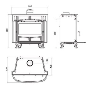 Technische Zeichnung Plamen Gusskaminofen Glas Franklin 11 kW mit Maßen für Montage und Installation.