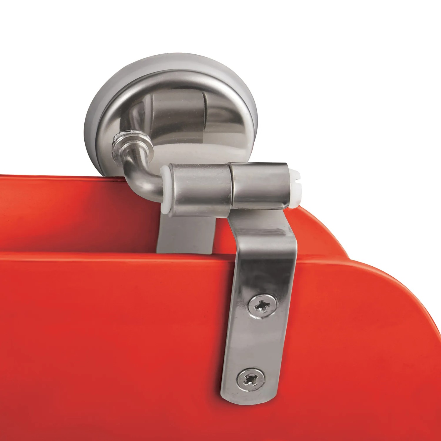 Detailaufnahme: Roter MSV WC-Sitz Cleo mit Edelstahl-Scharnieren.