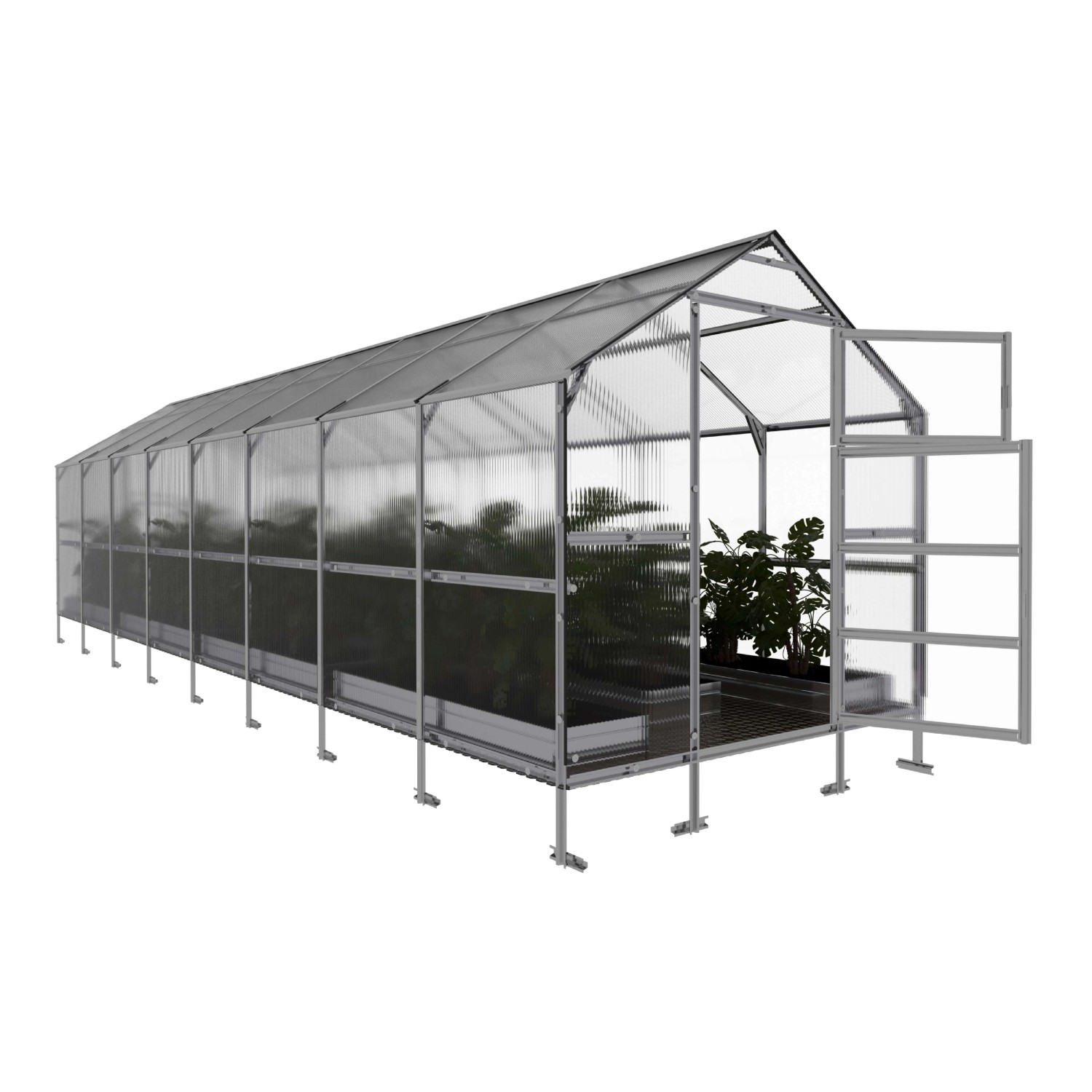 Großes Klasika Gewächshaus Bernard mit Polycarbonat, 2,35x8m, Tür offen.