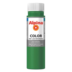 Alpina Color Jungle Green, seidenmatte Abtönfarbe in grüner Flasche.