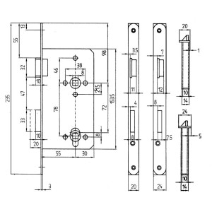 Technische Zeichnung: Korridorschloss, gefälzt, DIN links, weiße Stulpe, Maße in mm.