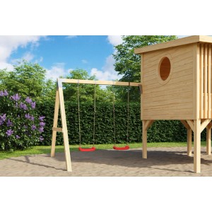 Lasita Schaukel-Set Tivoli aus Holz mit zwei roten Schaukeln, passend zum Spielhaus.