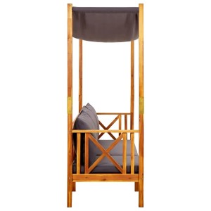 Gartenbank VidaXL mit Sonnendach aus Akazienholz und grauen Polstern.