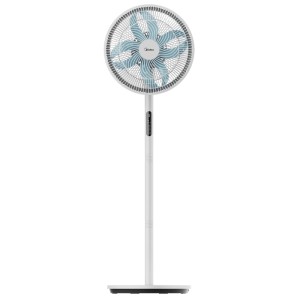Weißer Midea Standventilator mit blauem Flügelrad, 130 cm hoch.