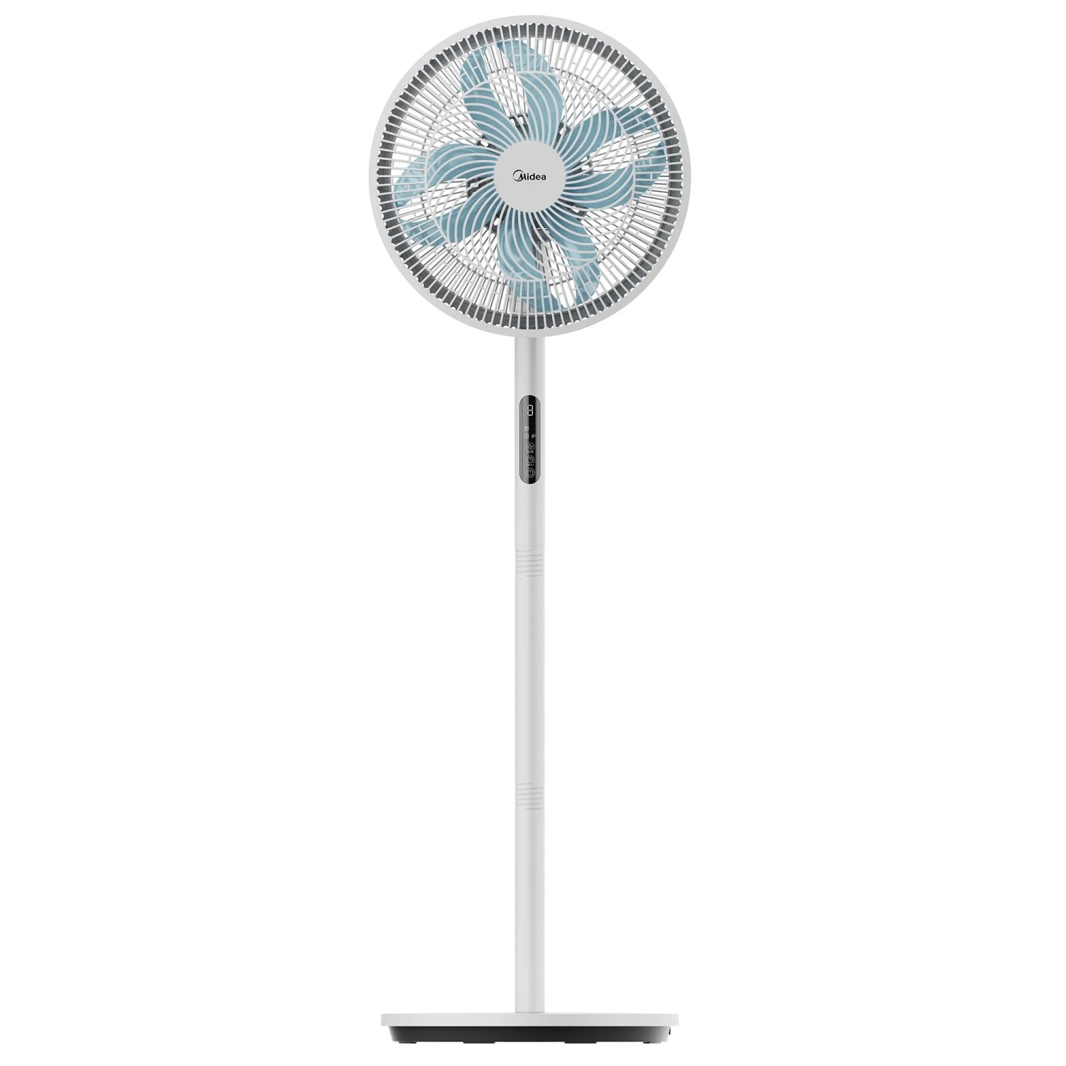 Weißer Midea Standventilator mit blauem Flügelrad, 130 cm hoch.