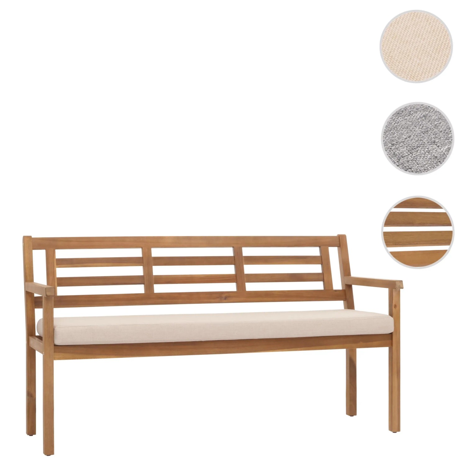 MCW Gartenbank N47 aus Akazienholz mit creme-beigem Kissen.