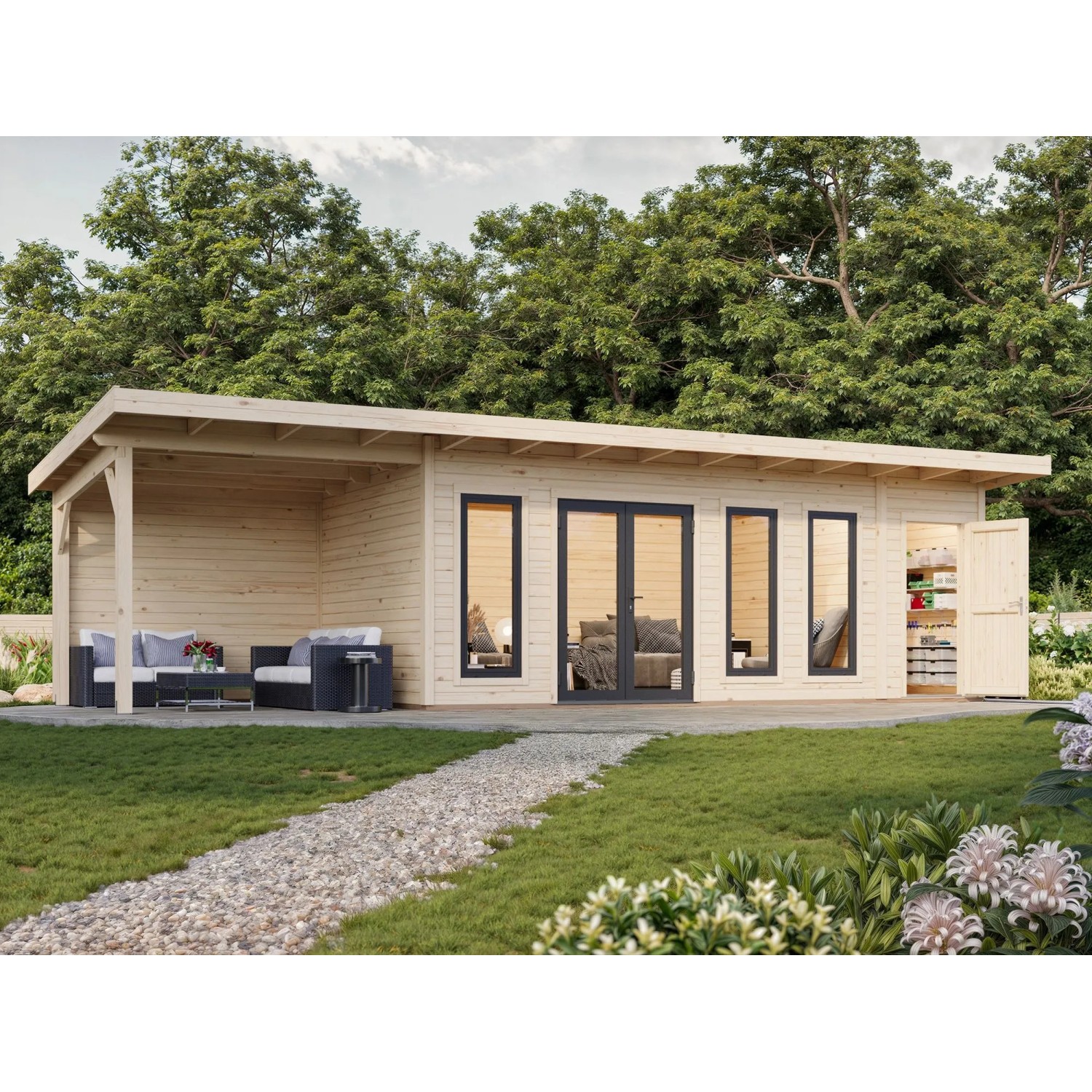 Palmako Holz-Gartenhaus Aurelia Pultdach Unbehandelt 973 cm x 300 cm 27,1 m²