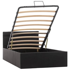 Schwarzes vidaXL Stauraumbett mit Hydraulik und LED, Kunstleder, geöffnet, Lattenrost sichtbar.