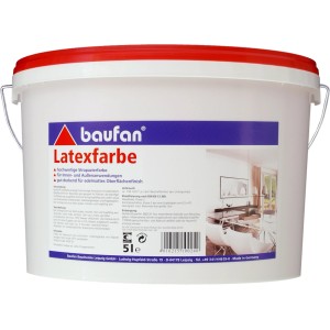 Baufan Latexfarbe, 5 Liter Eimer für Innen- und Außenanwendungen.