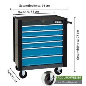 Blauer TRUTZHOLM Werkstattwagen Trutzi mit 6 Schubladen, abschließbar, mit Rollen und Kantenschutz.