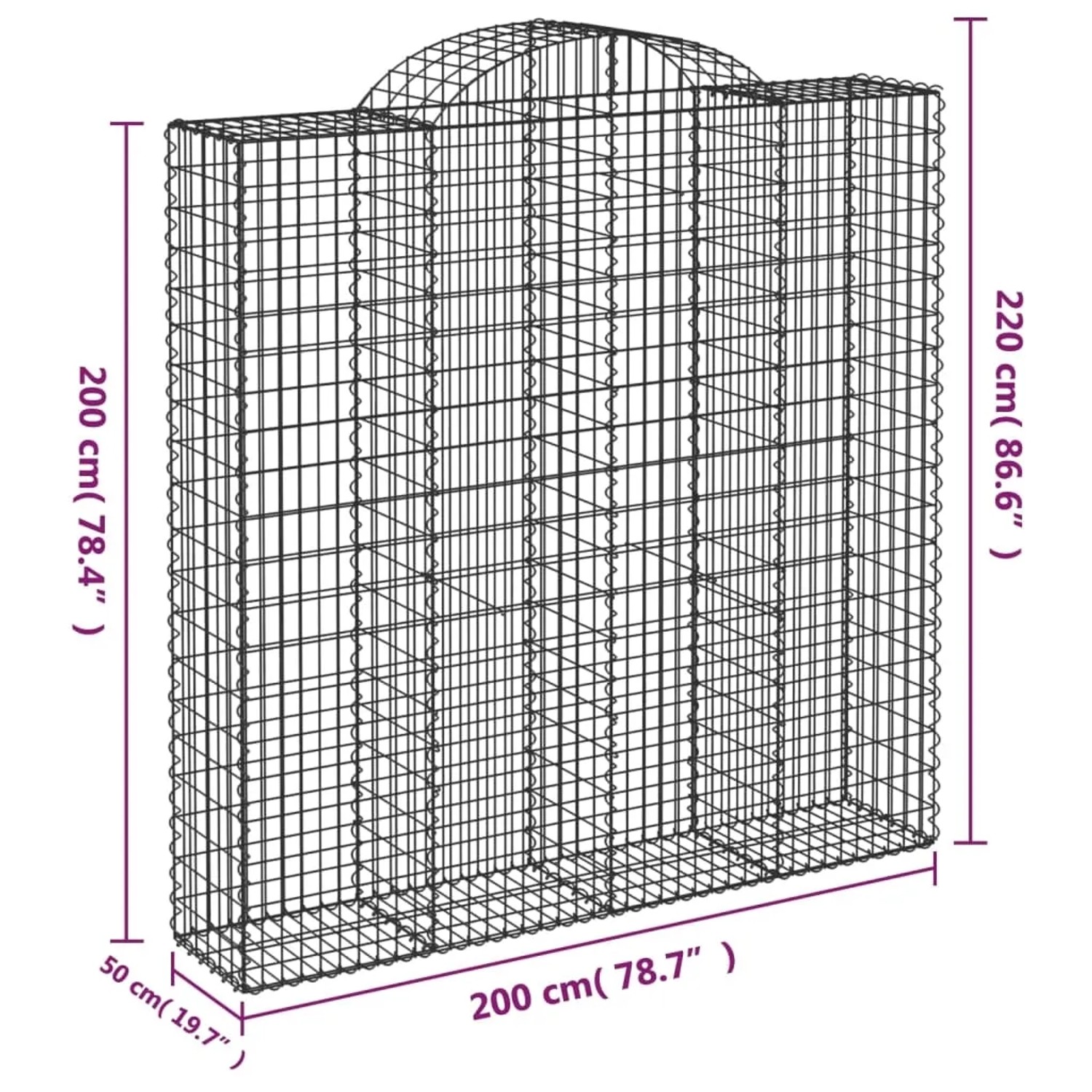 5er Set Gabionen mit Hochbogen, 200x50x200/220cm, aus verzinktem Eisen für Hochbeete.