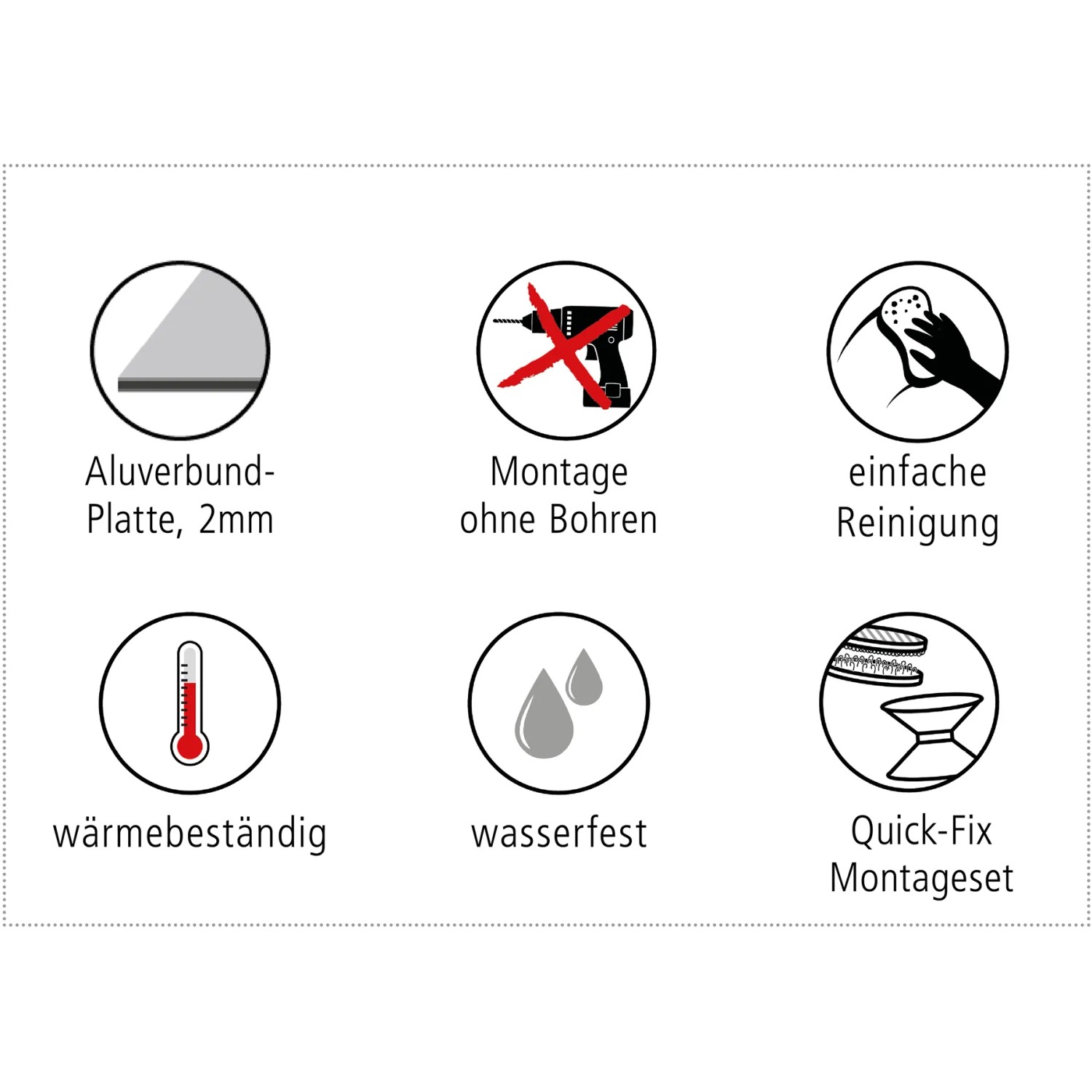 Symbole der Eigenschaften der Myspotti Mini-Spritzschutzplatte: hitzebeständig, wasserfest, einfache Reinigung, Montage ohne Bohren.