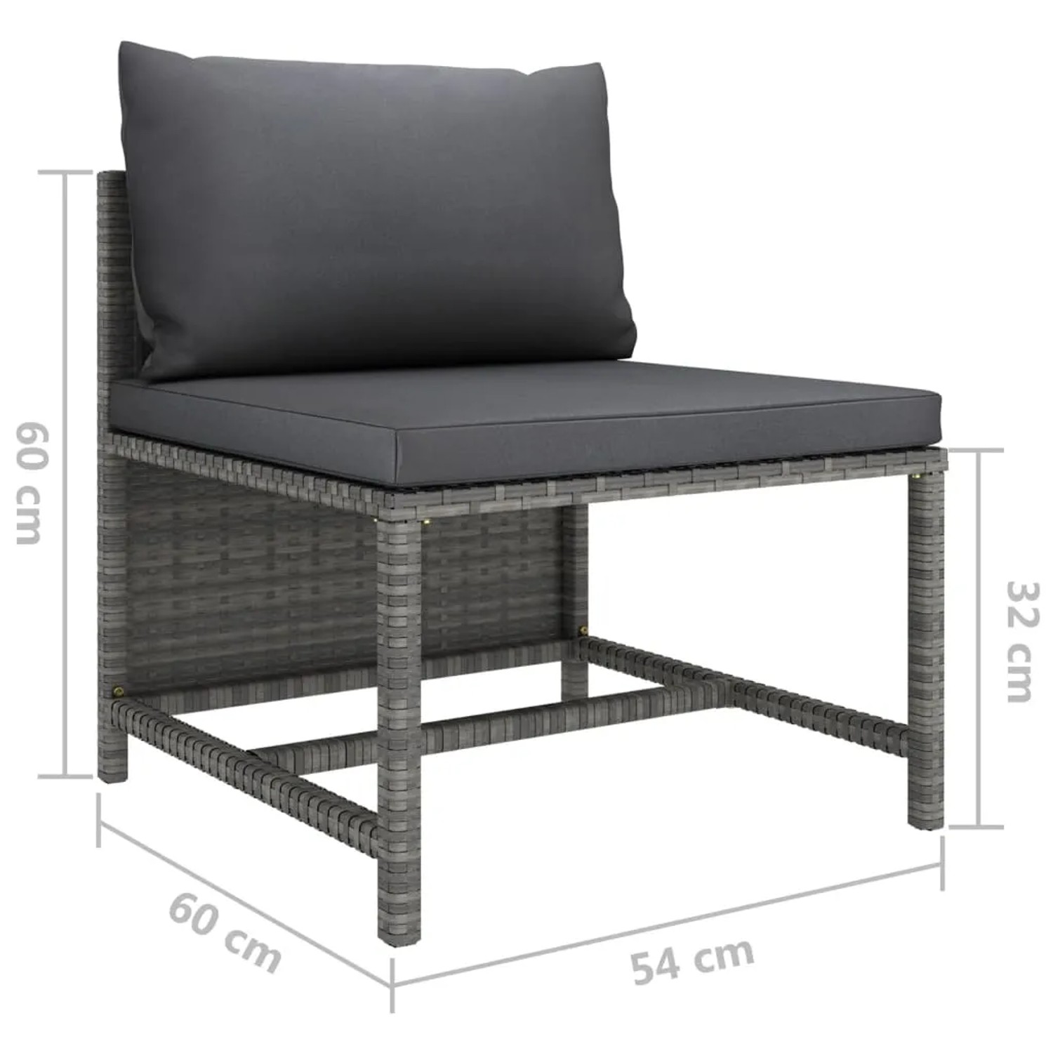 Graues Gartenmöbel-Set aus Polyrattan mit anthrazitfarbenen Kissen, bestehend aus Sessel, Eckteil und Hocker.