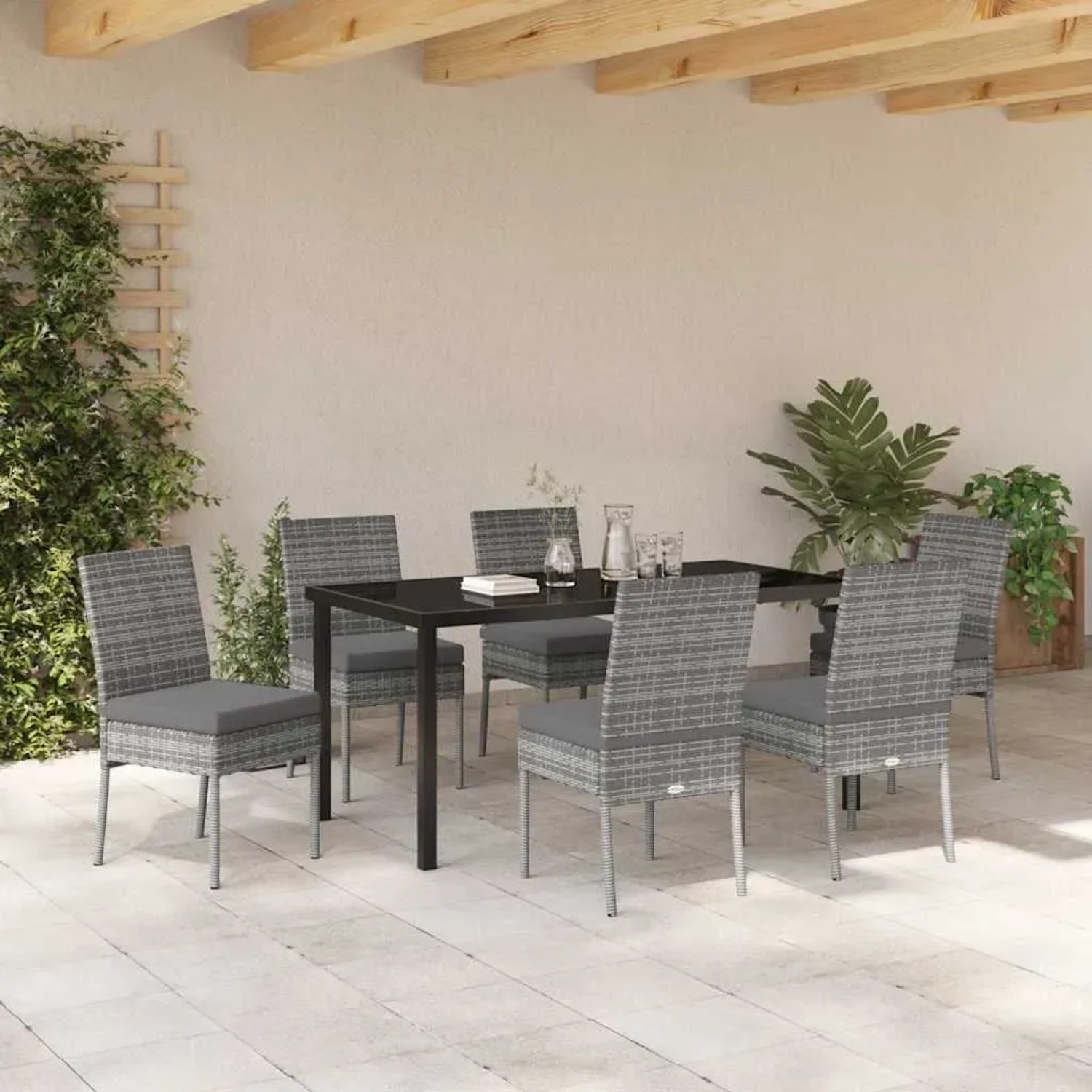 Graue 7-teilige Garten Essgruppe aus Polyrattan von vidaXL mit Tisch und Stühlen.