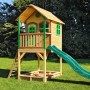 Axi Sarah Spielhaus aus Holz mit grüner Rutsche und Sandkasten für Kinder.