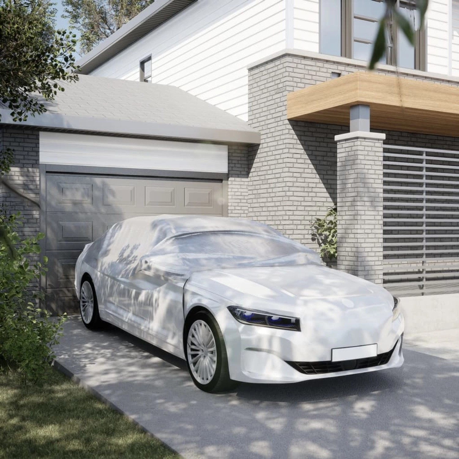 Silberne vidaXL Autoabdeckung Halbgarage M schützt Auto vor Garage.