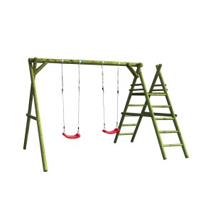 Grüne Kletterschaukel Mika mit zwei roten Schaukelsitzen und Leiter ohne Rutsche.