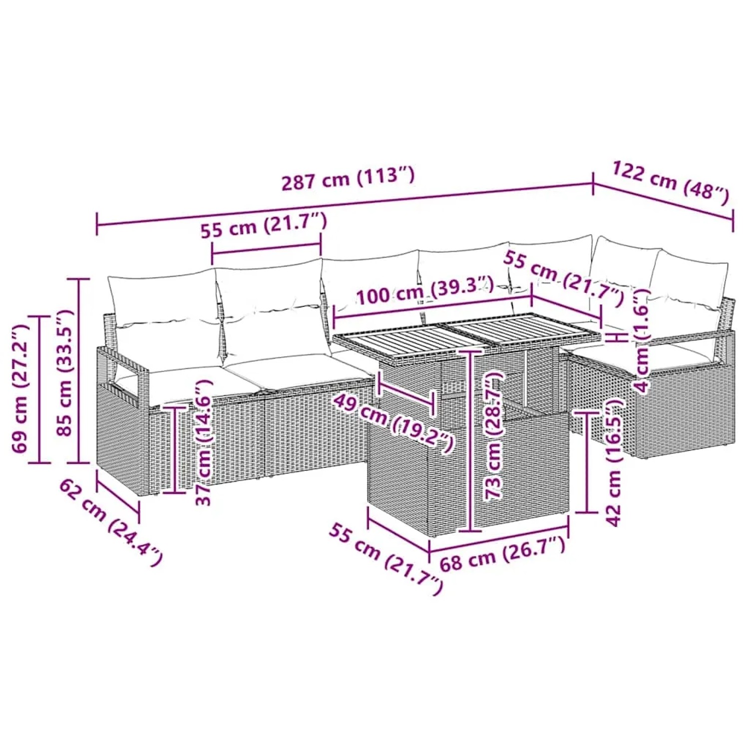 vidaXL Gartensofa-Set, 7-teilig, schwarz, Poly Rattan, mit Maßen. Ideal für den Garten.