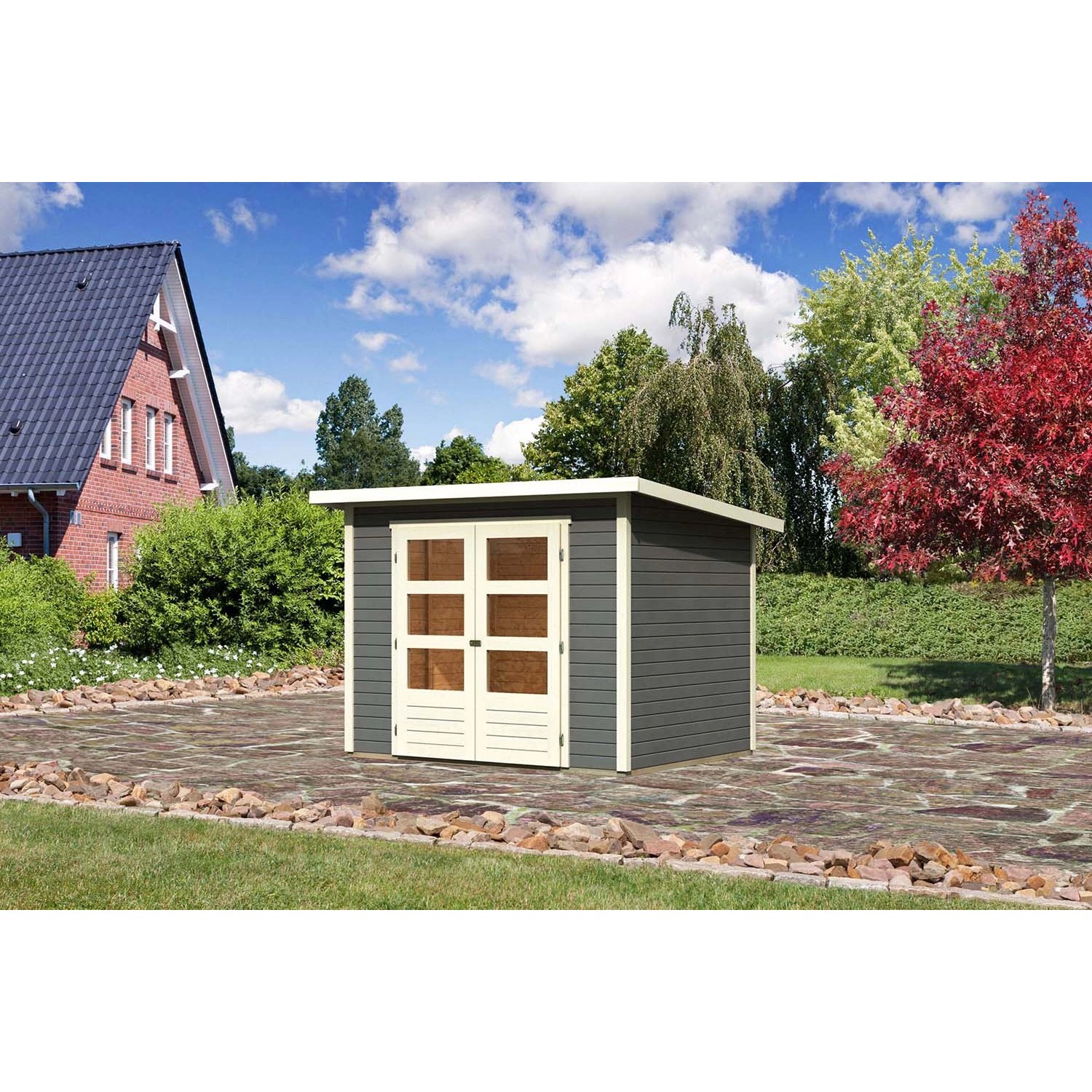 Karibu Holz-Gartenhaus/Gerätehaus Stockach Terragrau Pultdach Lackiert 242 cm x 182 cm