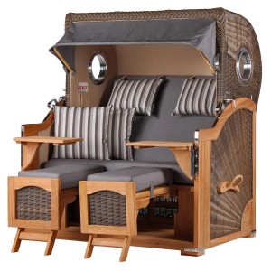 Grauer XL Strandkorb Ammersee Grande aus Teak mit Bullauge, inkl. Zubehör.