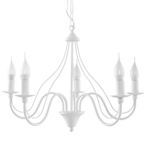 Weißer Sollux Lighting Kronleuchter Minerwa 5 mit Kerzen-Design für Wohnzimmer & Schlafzimmer.