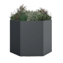Anthrazitfarbenes, 6-eckiges Westmann Metall-Hochbeet Varia, bepflanzt mit Grünpflanzen und Blüten. Modernes Design für Garten.